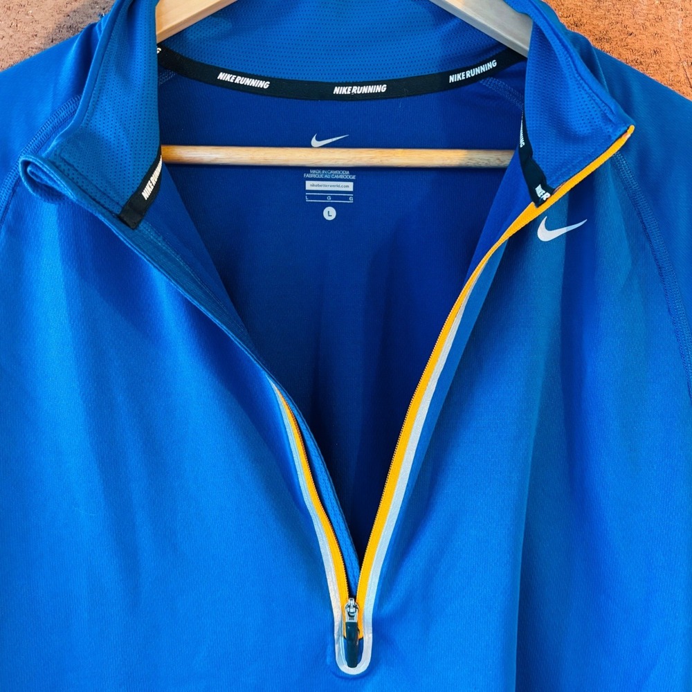 Nike Running Dri-FIT Mens Large Blue Yellow 1/4 Zip Long Sleeve Pullover 445591 - Picture 2 of 9